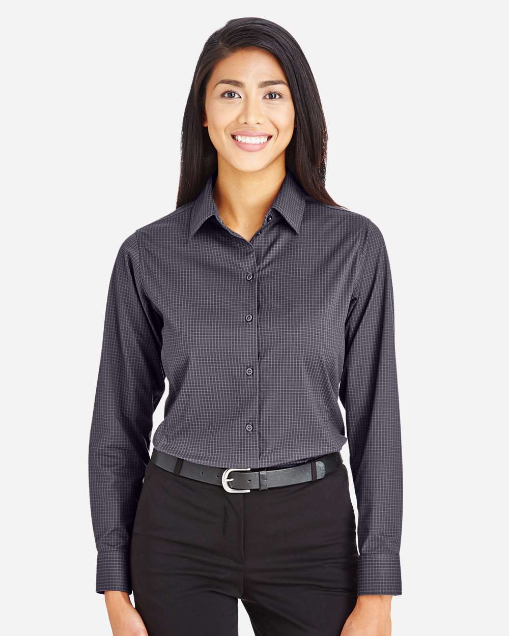 Women's CrownLux Performance® Tonal Mini Check Woven Dress Shirt - OnModelFront - B682B2092 - Carbon