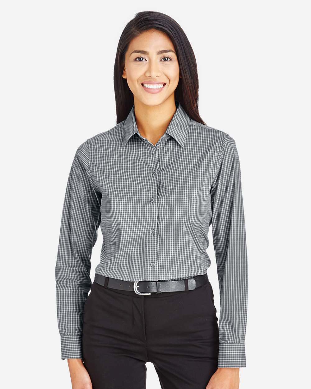 Women's CrownLux Performance® Tonal Mini Check Woven Dress Shirt - OnModelFront - B682B2132 - Graphite