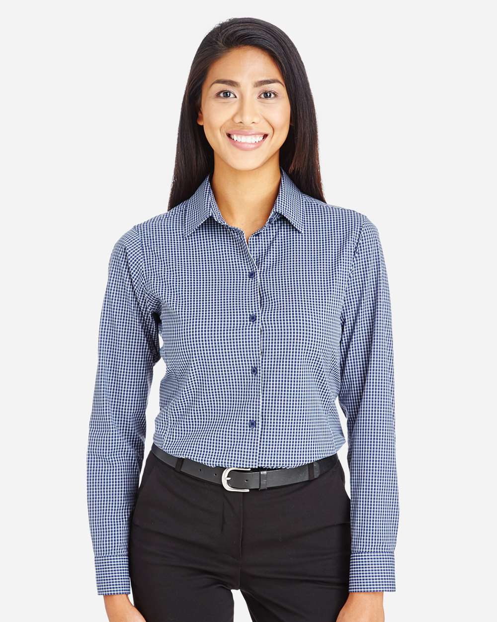 Women's CrownLux Performance® Tonal Mini Check Woven Dress Shirt - OnModelFront - B682B2652 - Navy