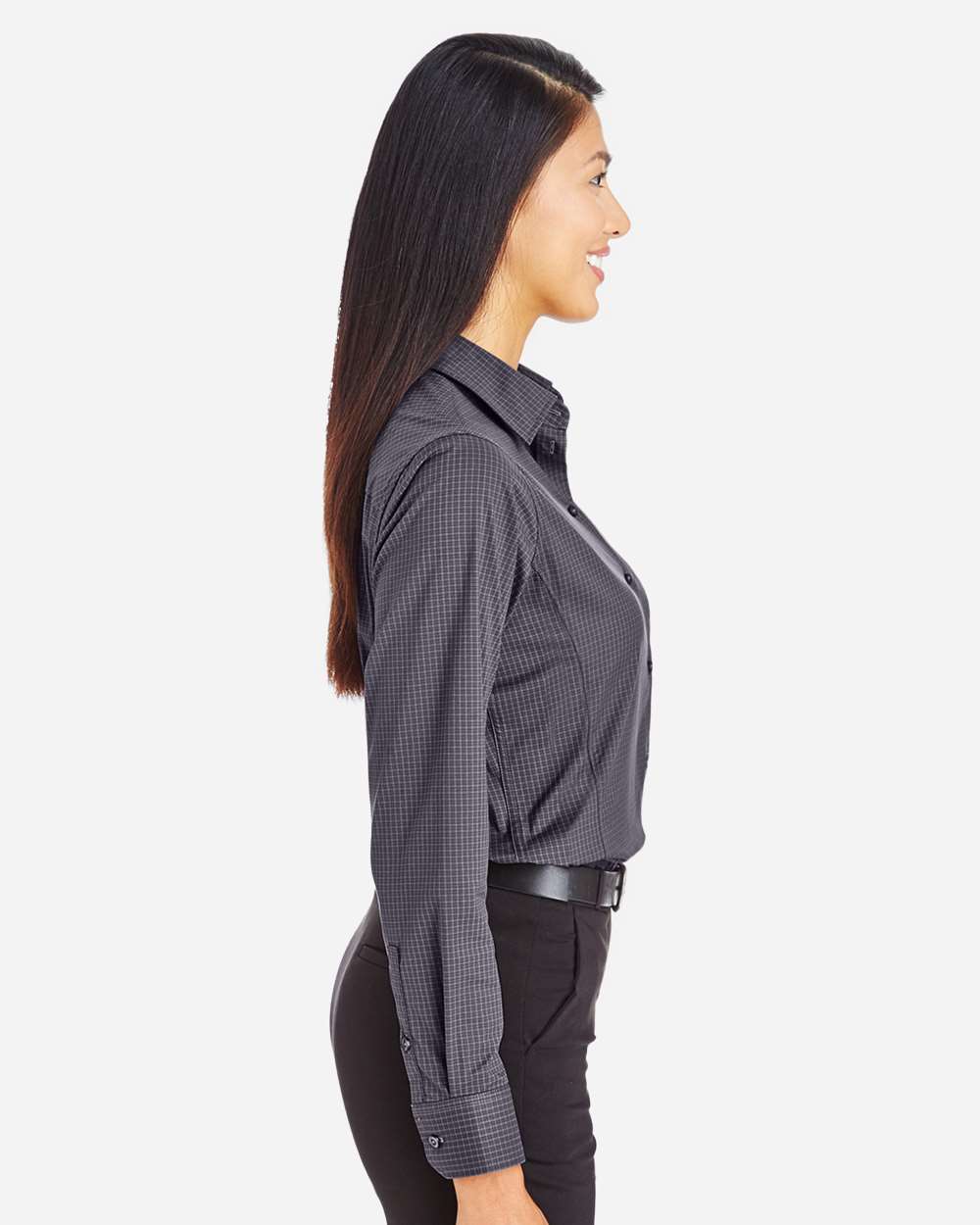 Women's CrownLux Performance® Tonal Mini Check Woven Dress Shirt - OnModelSide - B682B2092 - Carbon
