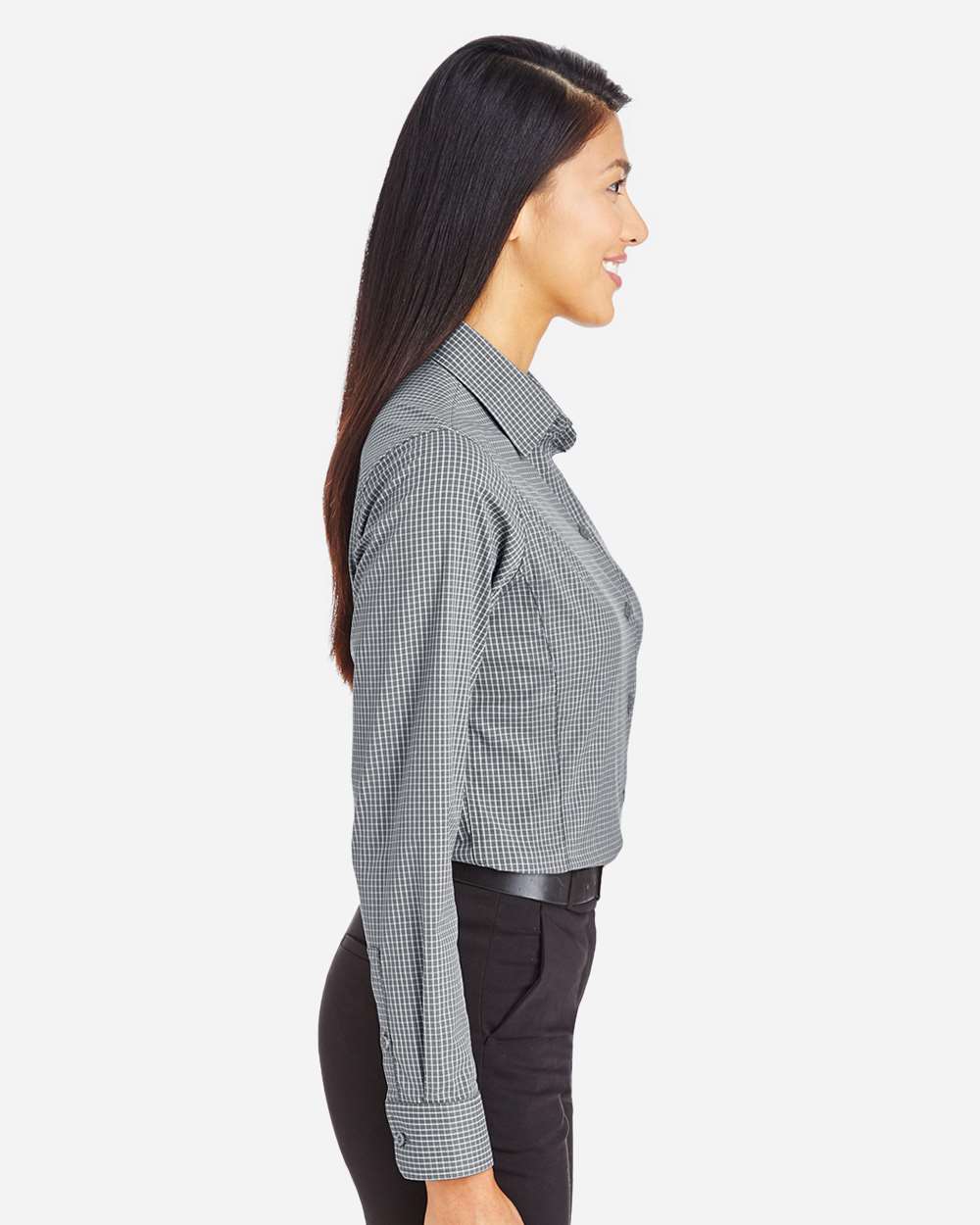 Women's CrownLux Performance® Tonal Mini Check Woven Dress Shirt - OnModelSide - B682B2132 - Graphite