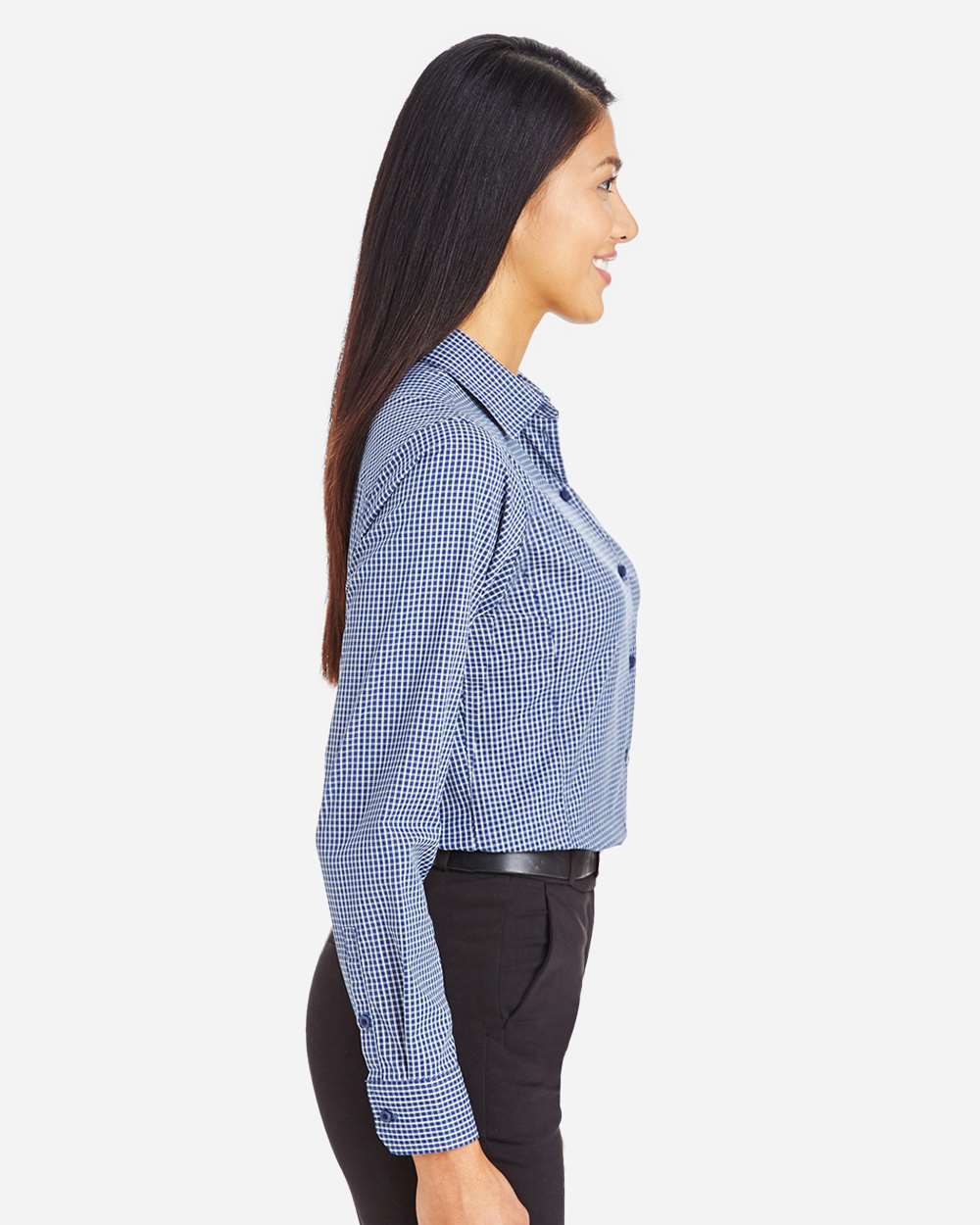 Women's CrownLux Performance® Tonal Mini Check Woven Dress Shirt - OnModelSide - B682B2652 - Navy