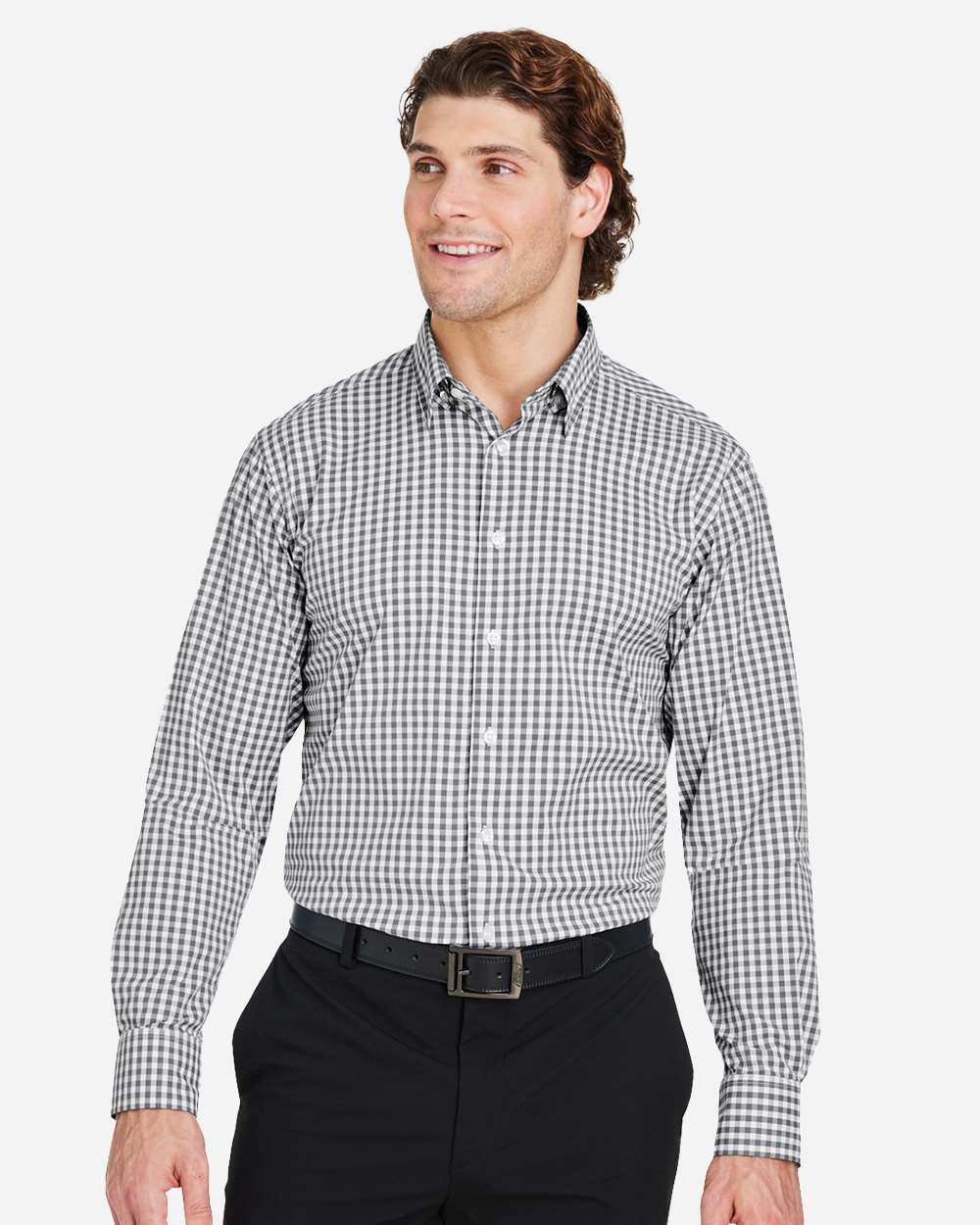 Men's CrownLux Performance® Gingham Dress Shirt - OnModelFront - B683B2133 - Graphite/ White