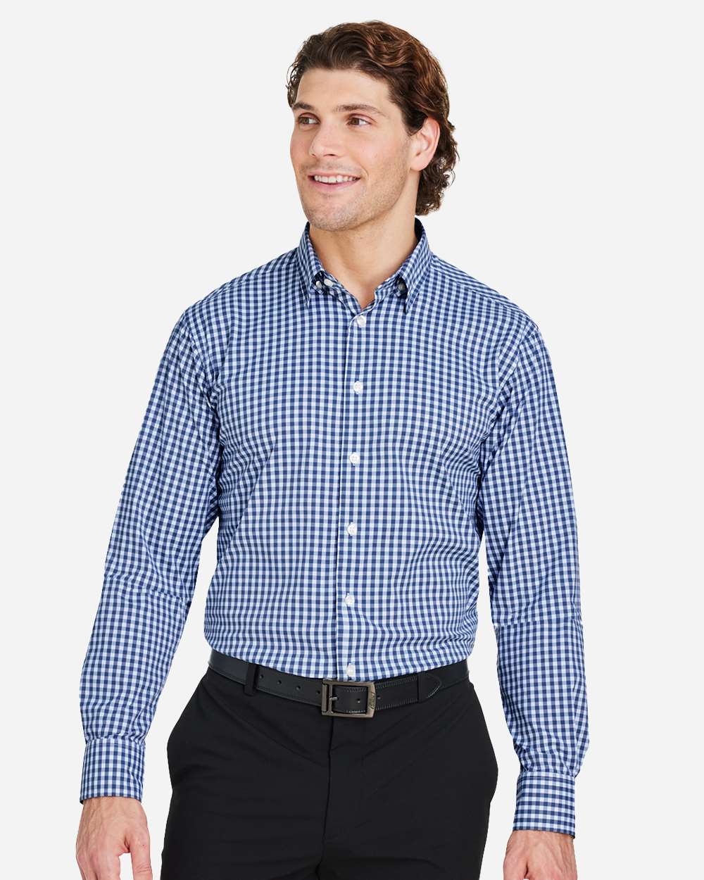 Men's CrownLux Performance® Gingham Dress Shirt - OnModelFront - B683B2653 - Navy/ White