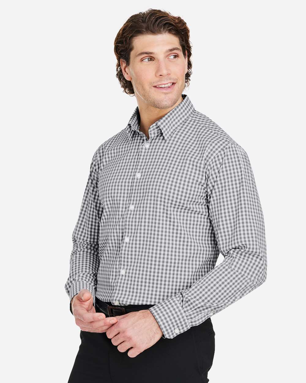 Men's CrownLux Performance® Gingham Dress Shirt - OnModelSide - B683B2133 - Graphite/ White