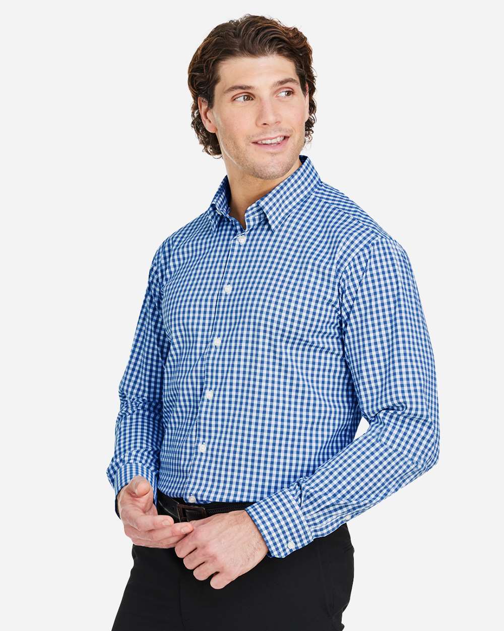 Men's CrownLux Performance® Gingham Dress Shirt - OnModelSide - B683B2253 - French Blue/ White