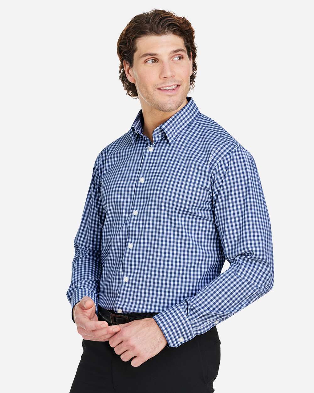 Men's CrownLux Performance® Gingham Dress Shirt - OnModelSide - B683B2653 - Navy/ White