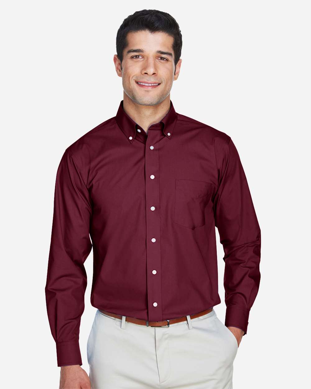 Men's Crown Collection® Broadcloth Woven Dress Shirt - OnModelFront - B598B2322 - Burgundy