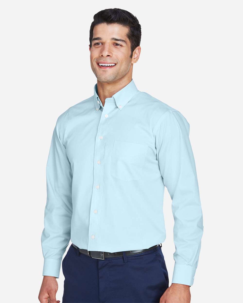 Men's Crown Collection® Broadcloth Woven Dress Shirt - OnModelSide - B598B2253 - Crystal Blue