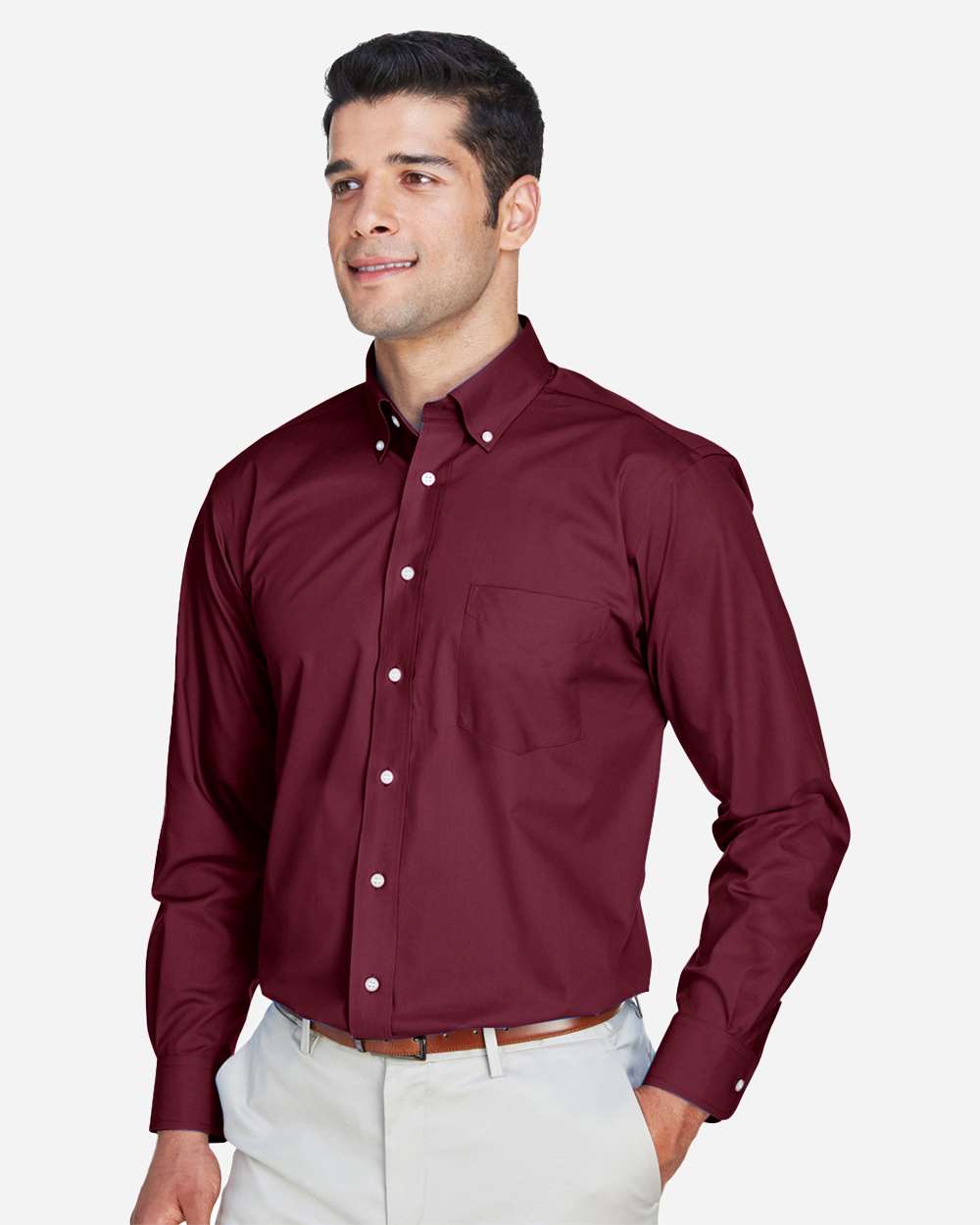 Men's Crown Collection® Broadcloth Woven Dress Shirt - OnModelSide - B598B2322 - Burgundy