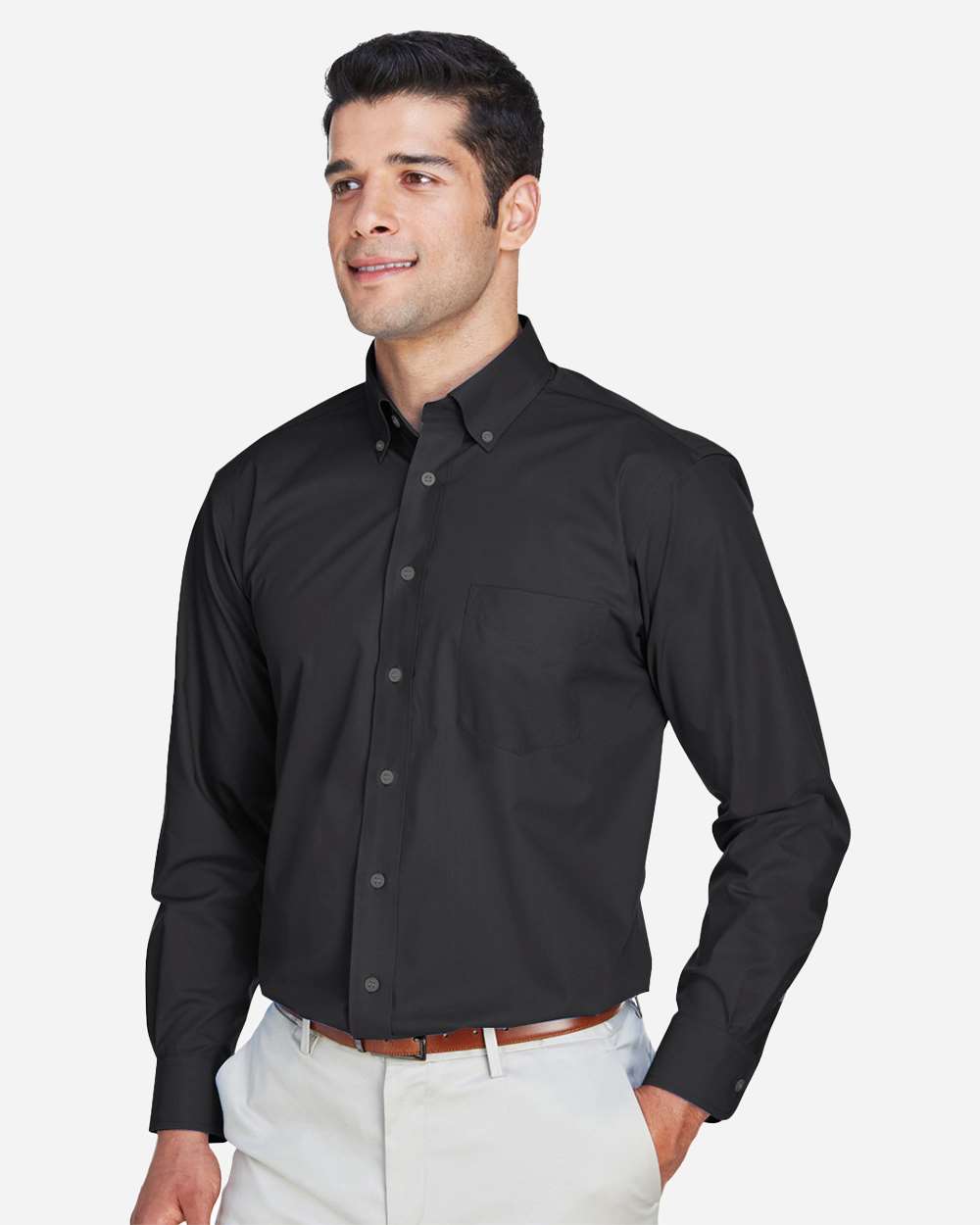 Men's Crown Collection® Broadcloth Woven Dress Shirt - OnModelSide - B598B2502 - Black