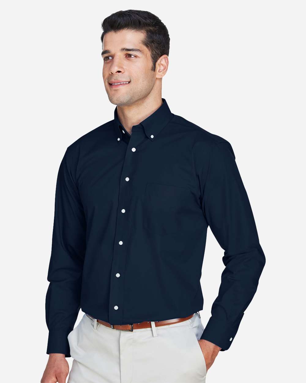 Men's Crown Collection® Broadcloth Woven Dress Shirt - OnModelSide - B598B2652 - Navy