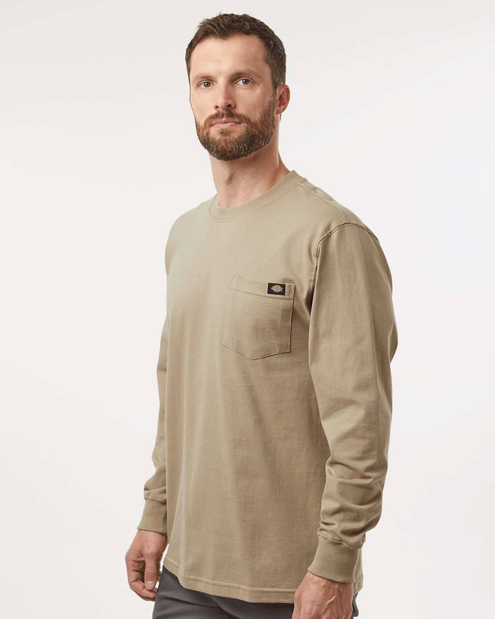 Men's Traditional Heavyweight Long Sleeve T-Shirt - OnModelSide - B08130733 - Desert Sand