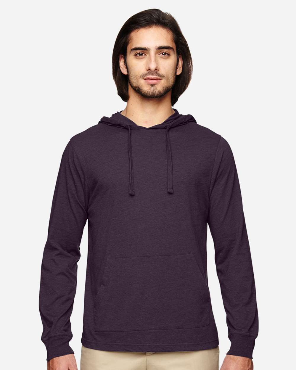 Unisex Eco Jersey Pullover Hooded Long Sleeve T-Shirt - OnModelFront - B848E9032 - Eggplant