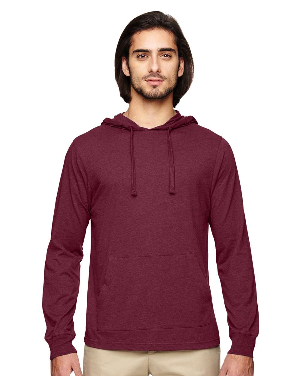 Unisex Eco Jersey Pullover Hooded Long Sleeve T-Shirt - OnModelFront - B848E9532 - Berry