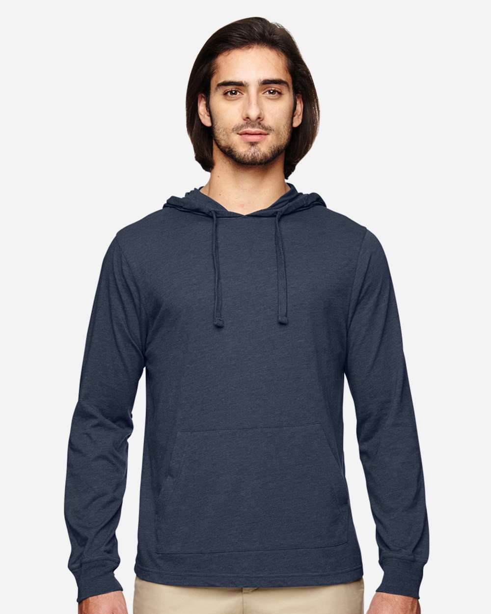 Unisex Eco Jersey Pullover Hooded Long Sleeve T-Shirt - OnModelFront - B848E9652 - Water