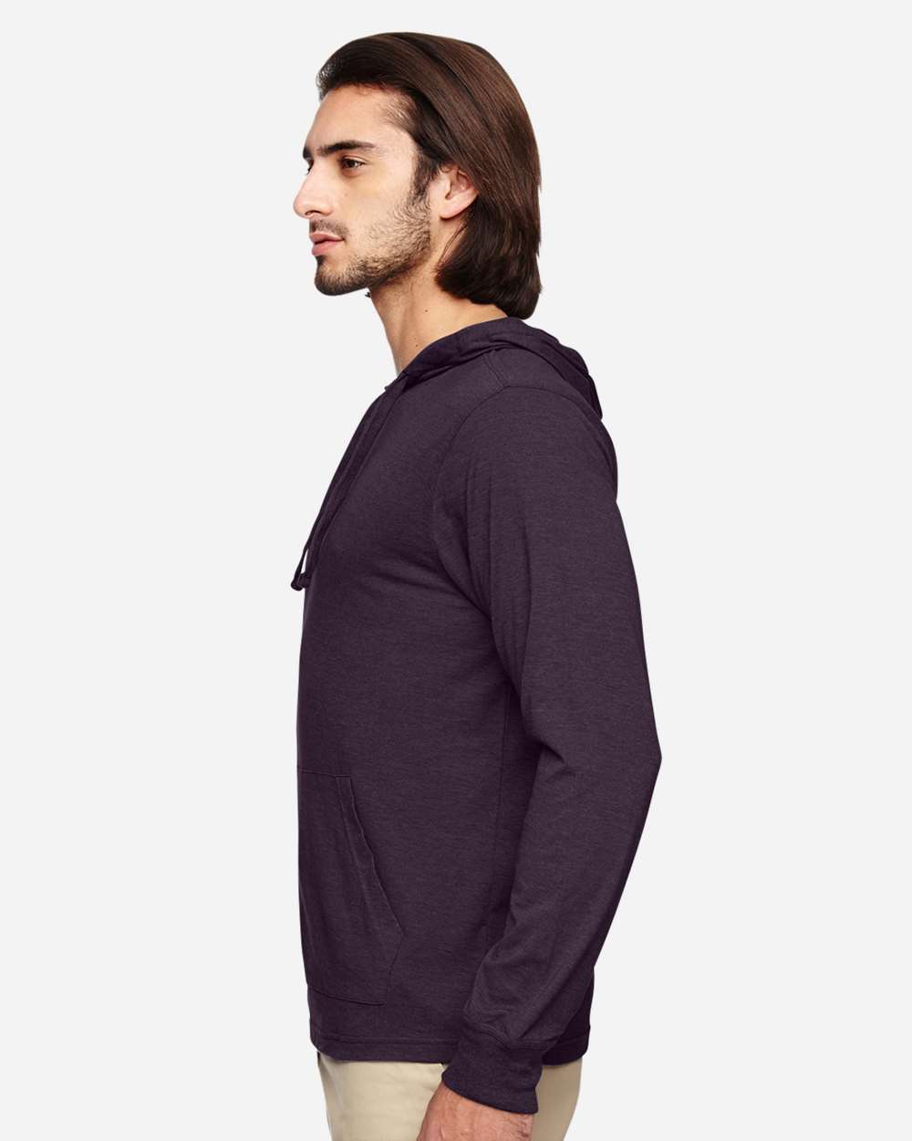 Unisex Eco Jersey Pullover Hooded Long Sleeve T-Shirt - OnModelSide - B848E9032 - Eggplant