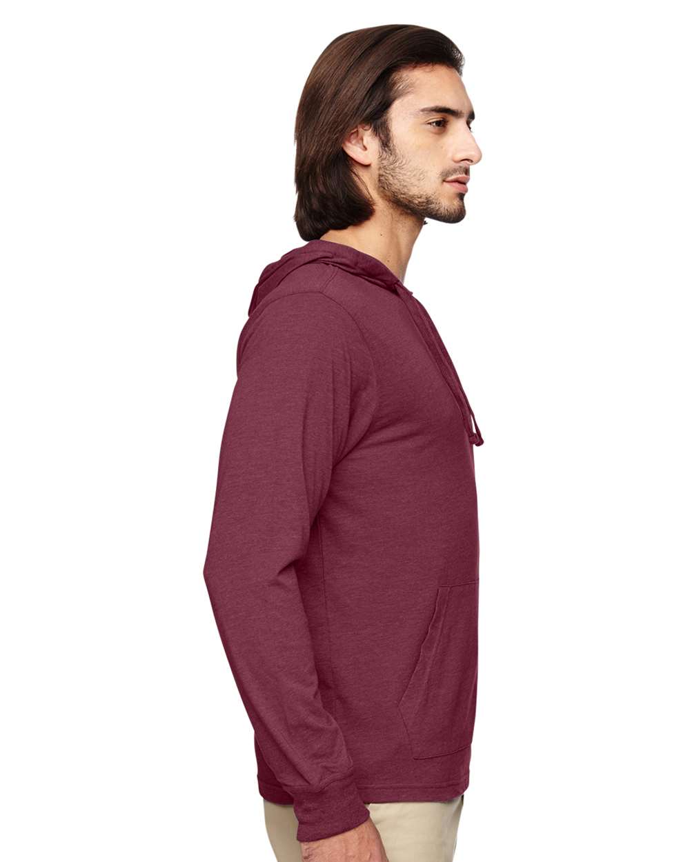 Unisex Eco Jersey Pullover Hooded Long Sleeve T-Shirt - OnModelSide - B848E9532 - Berry