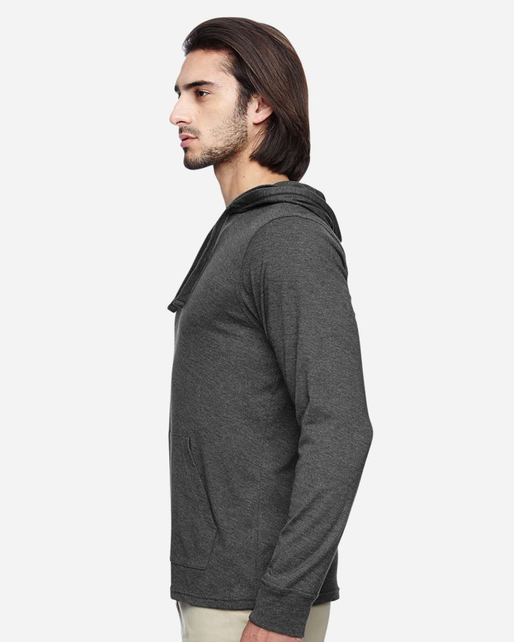 Unisex Eco Jersey Pullover Hooded Long Sleeve T-Shirt - OnModelSide - B848E9582 - Charcoal/ Black