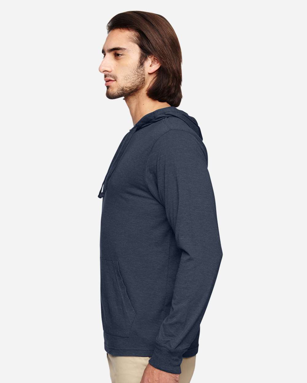 Unisex Eco Jersey Pullover Hooded Long Sleeve T-Shirt - OnModelSide - B848E9652 - Water