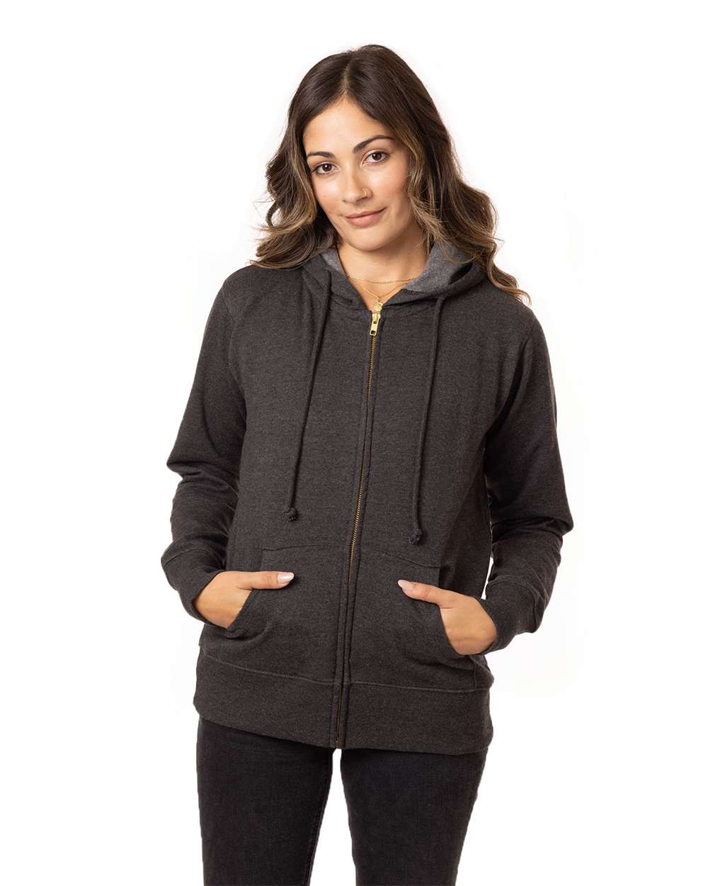 Women's Heathered Full-Zip Hooded Sweatshirt - OnModelFront - B855E9583 - Charcoal