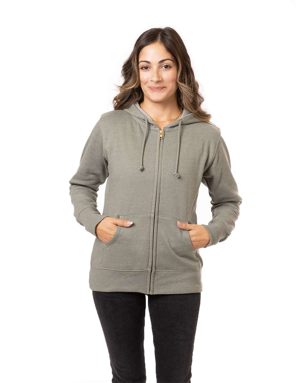 Women's Heathered Full-Zip Hooded Sweatshirt - OnModelFront - B855E9643 - Military Green