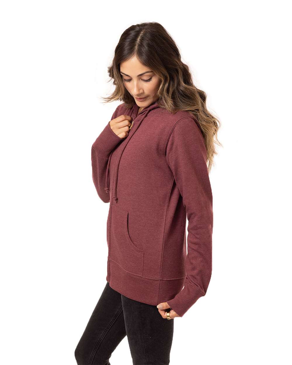 Women's Heathered Full-Zip Hooded Sweatshirt - OnModelSide - B855E9533 - Berry