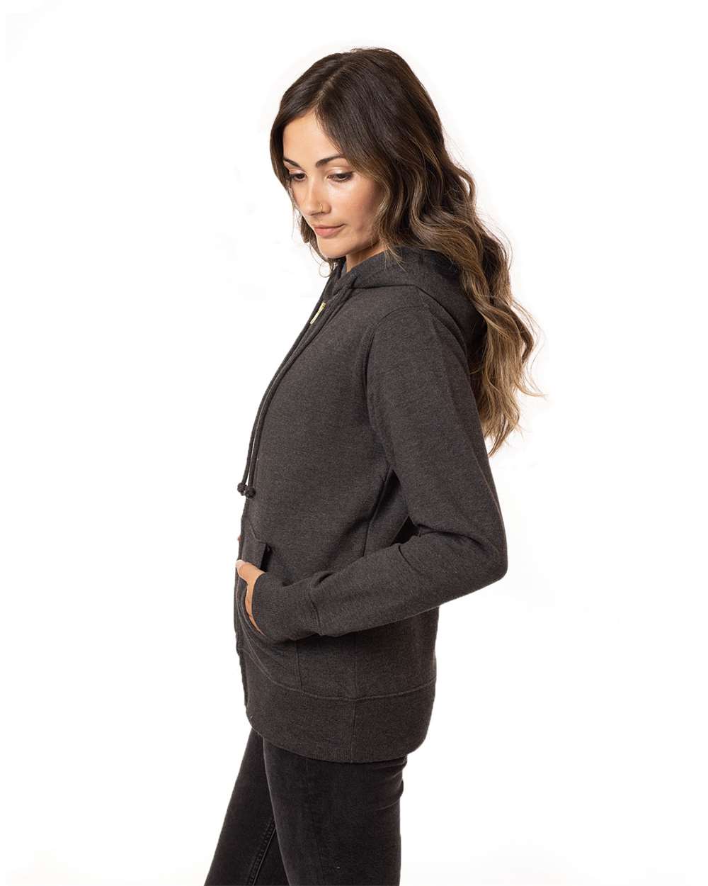 Women's Heathered Full-Zip Hooded Sweatshirt - OnModelSide - B855E9583 - Charcoal