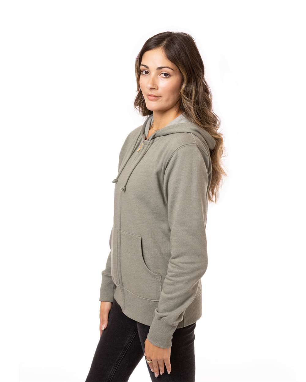 Women's Heathered Full-Zip Hooded Sweatshirt - OnModelSide - B855E9643 - Military Green