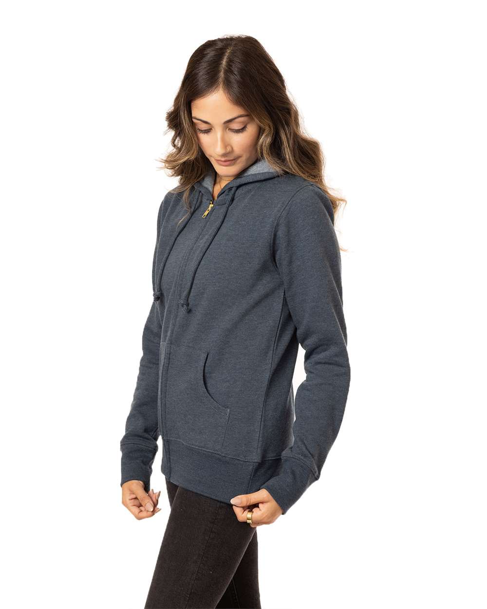 Women's Heathered Full-Zip Hooded Sweatshirt - OnModelSide - B855E9653 - Water