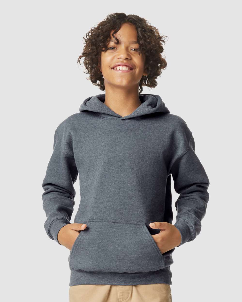 Youth Softstyle® Midweight Hooded Sweatshirt - OnModelFront - B00960092 - Dark Heather