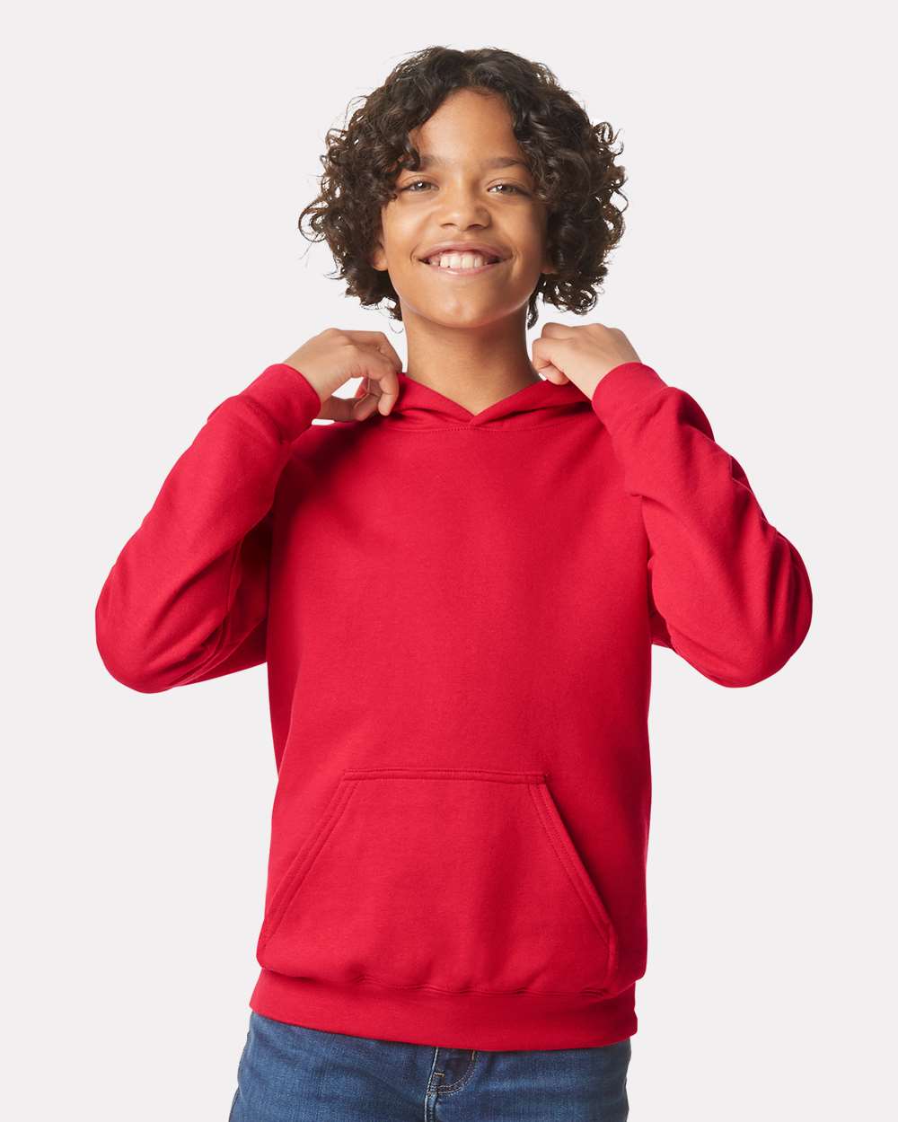 Youth Softstyle® Midweight Hooded Sweatshirt - OnModelFront - B00960702 - Red