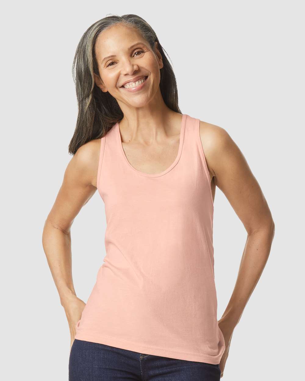 Women's Softstyle® CVC Racerback Tank Top - OnModelFront - B02160303 - Dusty Rose