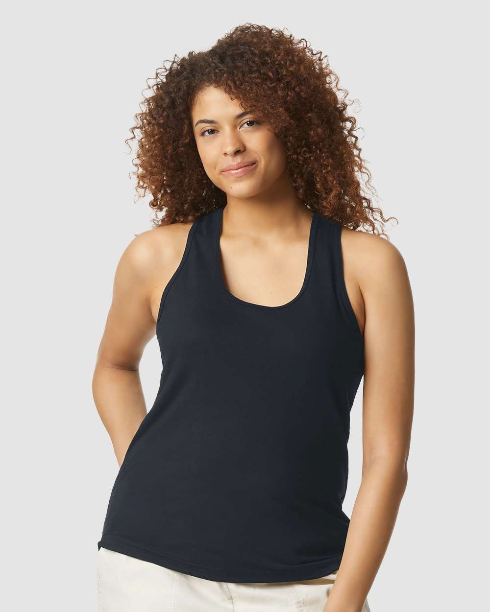 Women's Softstyle® CVC Racerback Tank Top - OnModelFront - B02160503 - Pitch Black