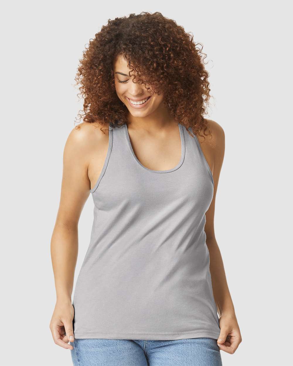 Women's Softstyle® CVC Racerback Tank Top - OnModelFront - B02160583 - Cement