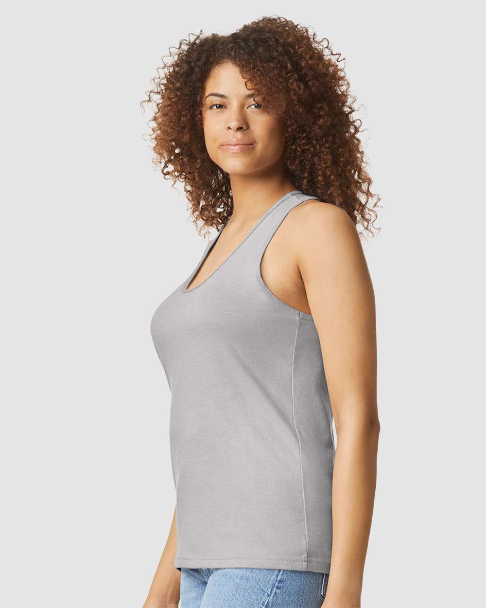 Women's Softstyle® CVC Racerback Tank Top - OnModelSide - B02160583 - Cement