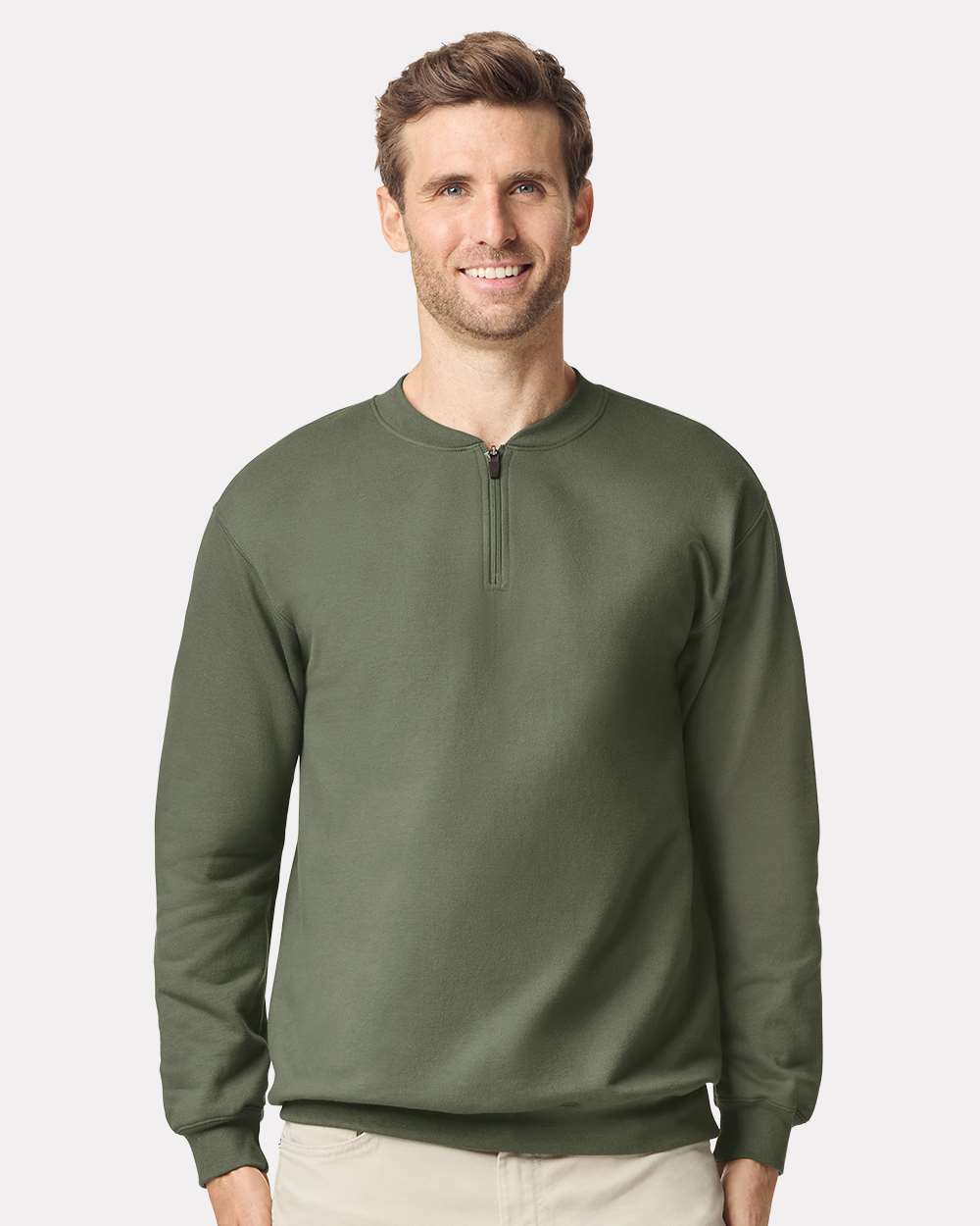 Unisex Softstyle® Midweight 1/4 Zip Sweatshirt - OnModelFront - B02660063 - Military Green
