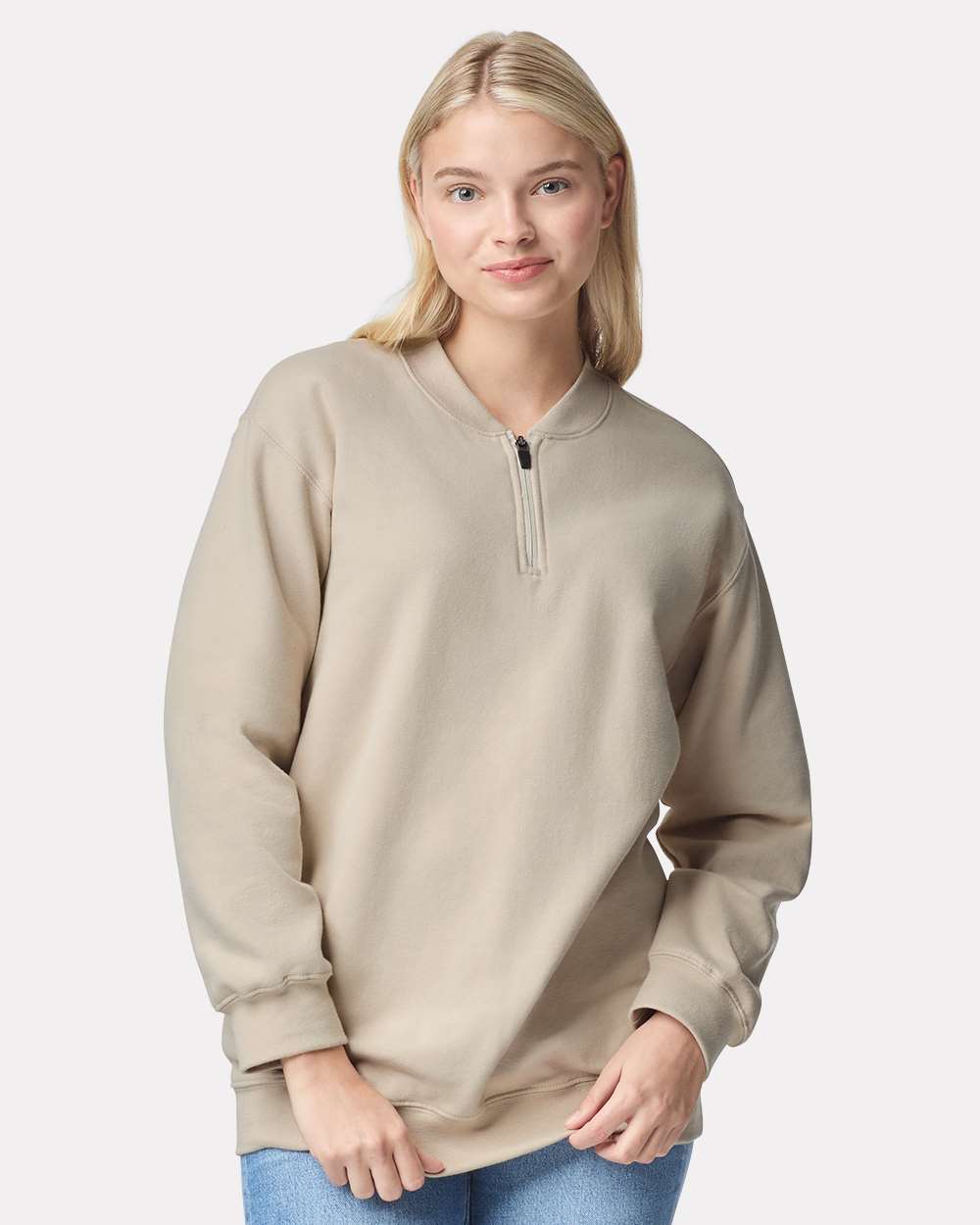 Unisex Softstyle® Midweight 1/4 Zip Sweatshirt - OnModelFront - B02660243 - Sand