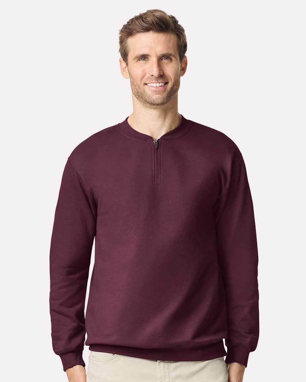 Unisex Softstyle® Midweight 1/4 Zip Sweatshirt - OnModelFront - B02660533 - Maroon