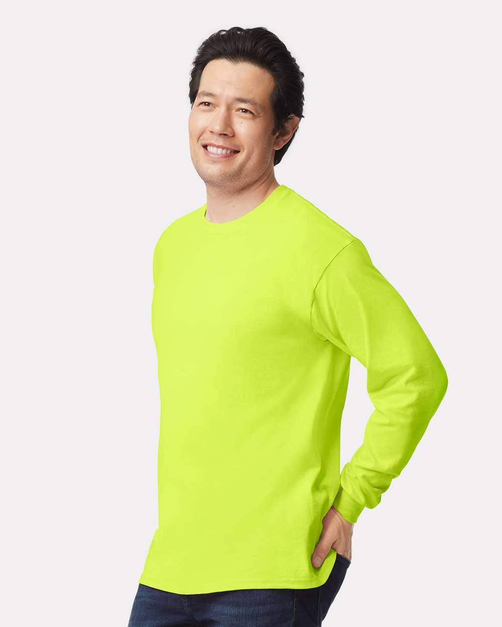 Ultra Cotton® Long Sleeve T-Shirt - OnModelSide - B06060163 - Safety Green