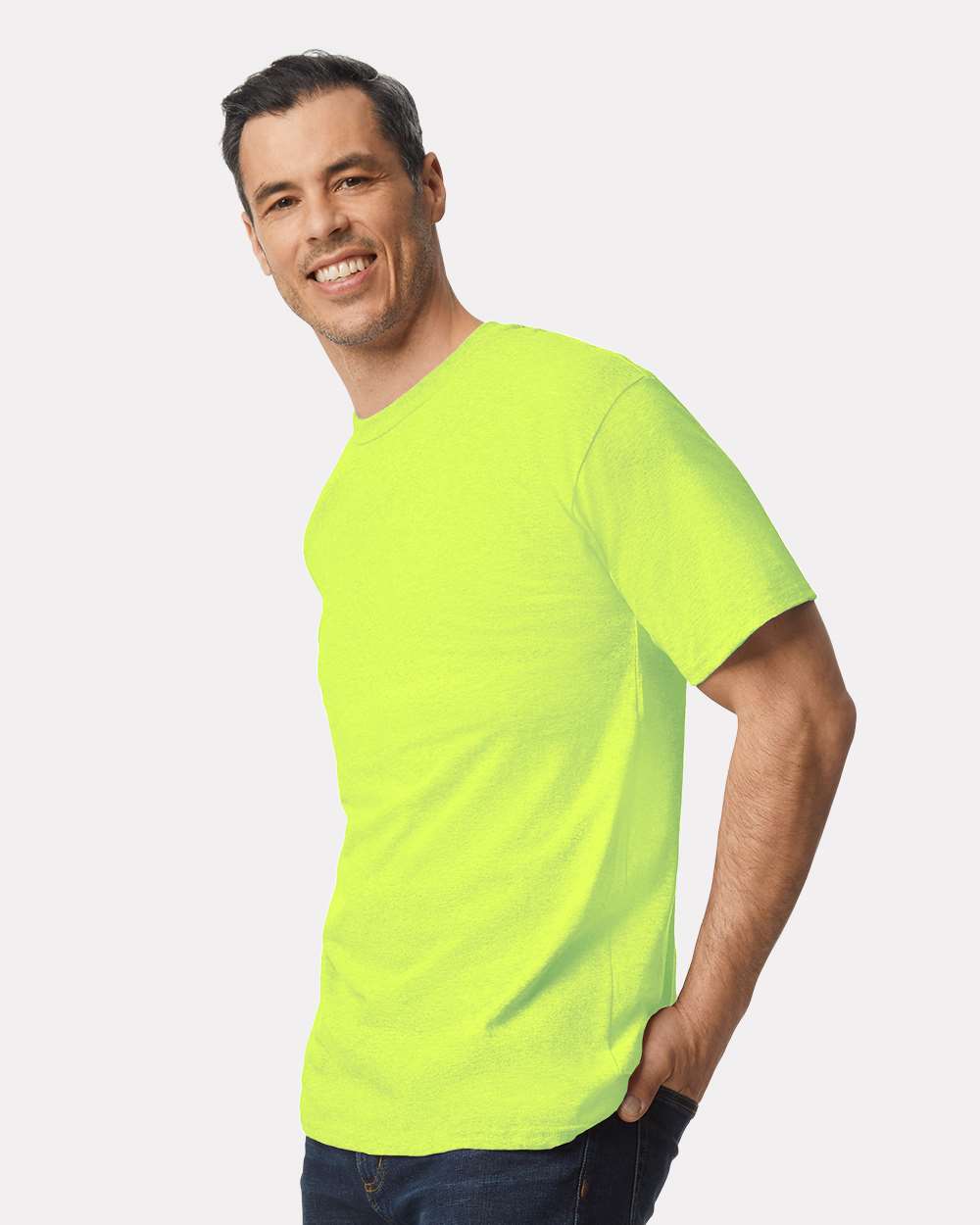 Men's Tall Ultra Cotton® T-Shirt - OnModelSide - B06660165 - Safety Green