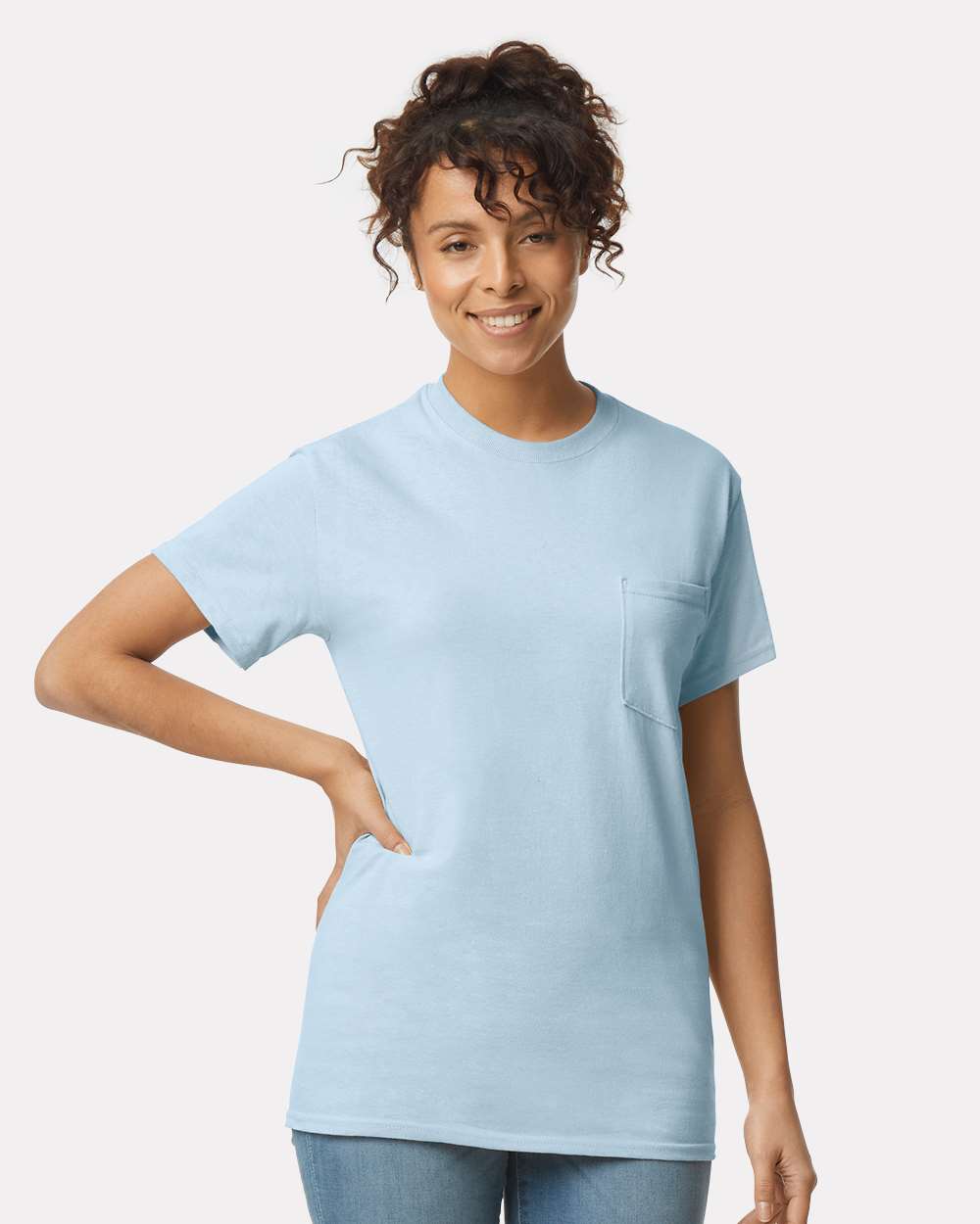 Unisex Ultra Cotton® Pocket T-Shirt - OnModelFront - B07060253 - Light Blue