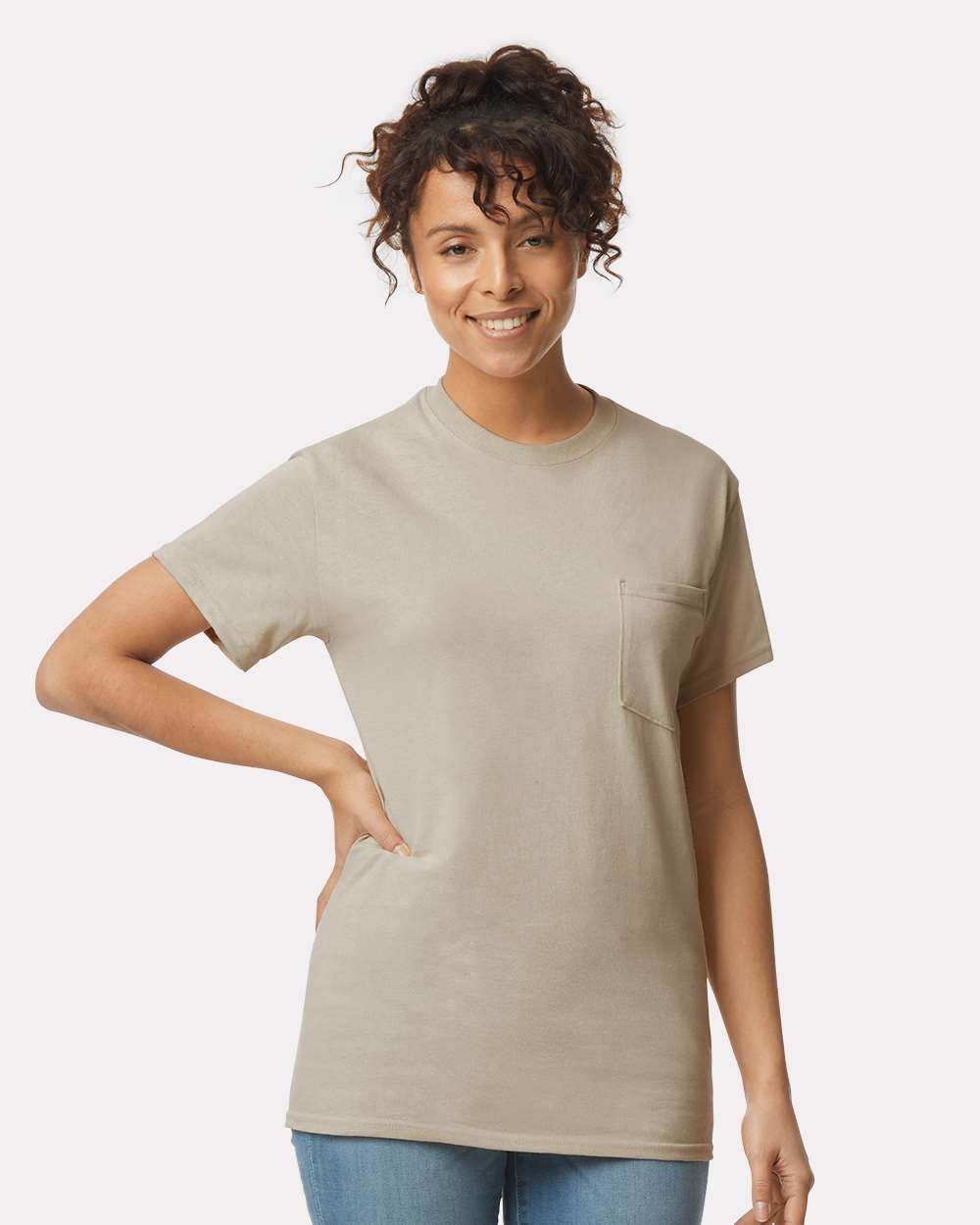 Unisex Ultra Cotton® Pocket T-Shirt - OnModelFront - B07060733 - Sand