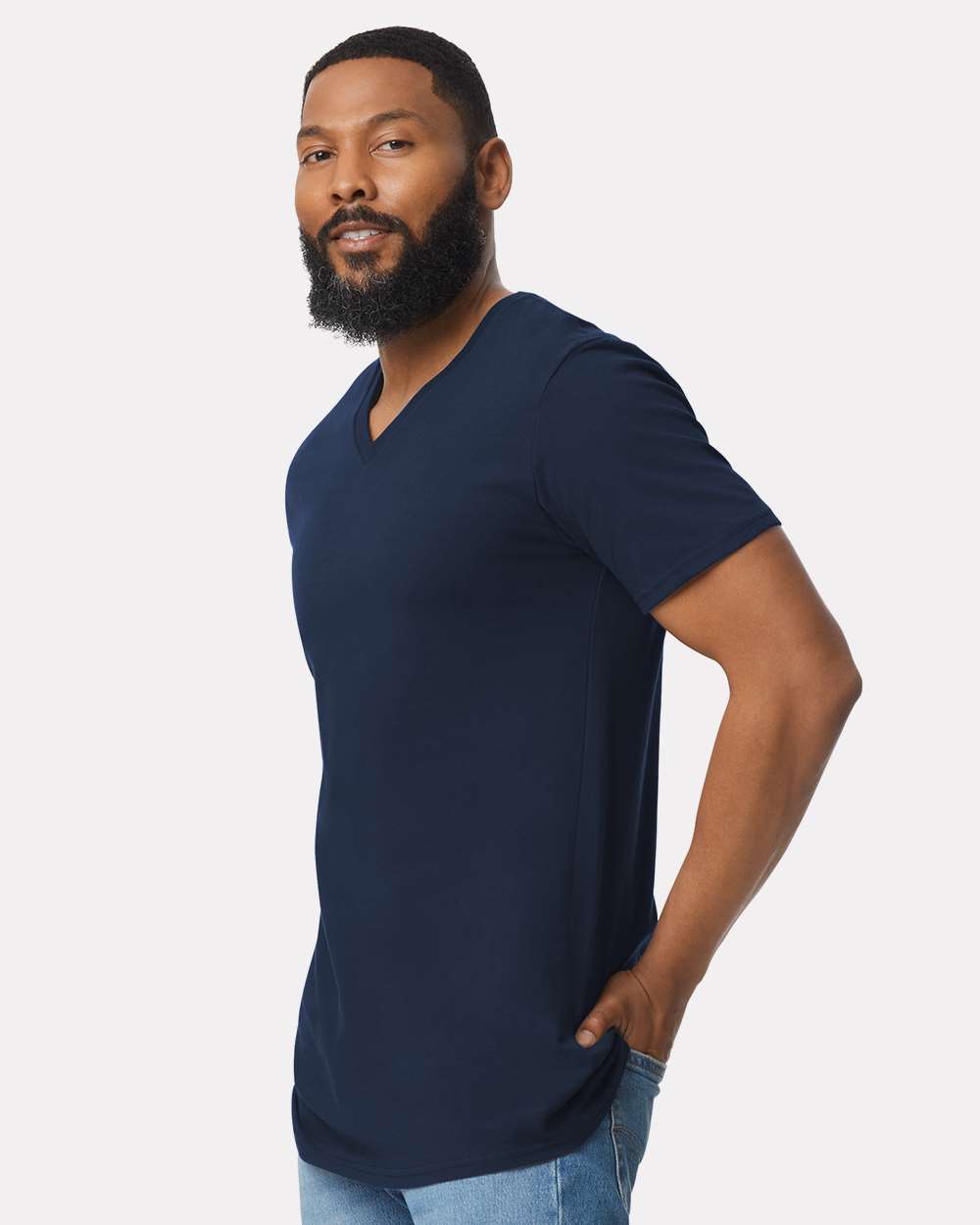 Men's Softstyle® V-Neck T-Shirt - OnModelSide - B01760653 - Navy