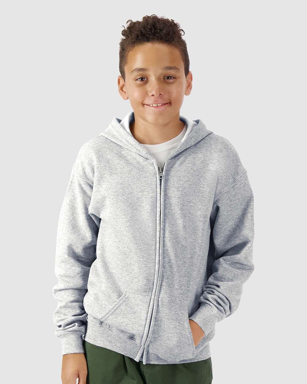 Youth Heavy Blend™ Full-Zip Hooded Sweatshirt - OnModelFront - B32360582 - Sport Grey
