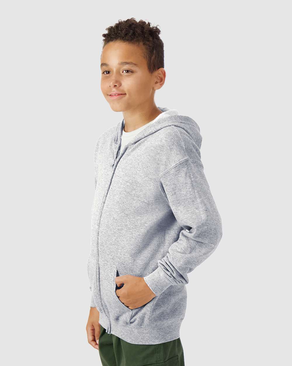 Youth Heavy Blend™ Full-Zip Hooded Sweatshirt - OnModelSide - B32360582 - Sport Grey