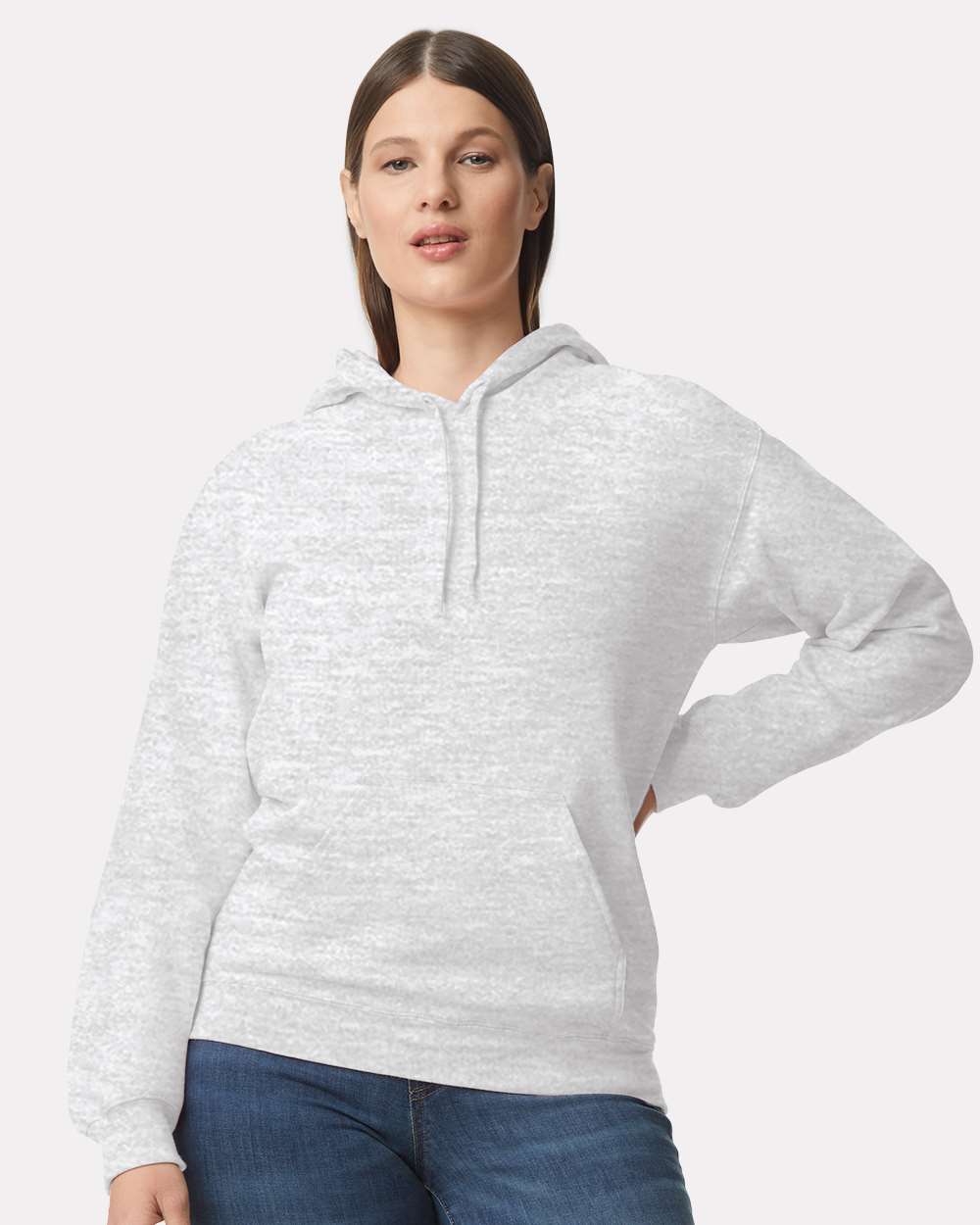Unisex Softstyle® Midweight Hooded Sweatshirt - OnModelFront - B24160013 - Ash Grey