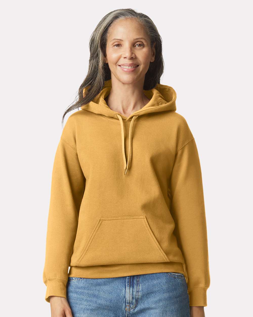 Unisex Softstyle® Midweight Hooded Sweatshirt - OnModelFront - B24160133 - Mustard