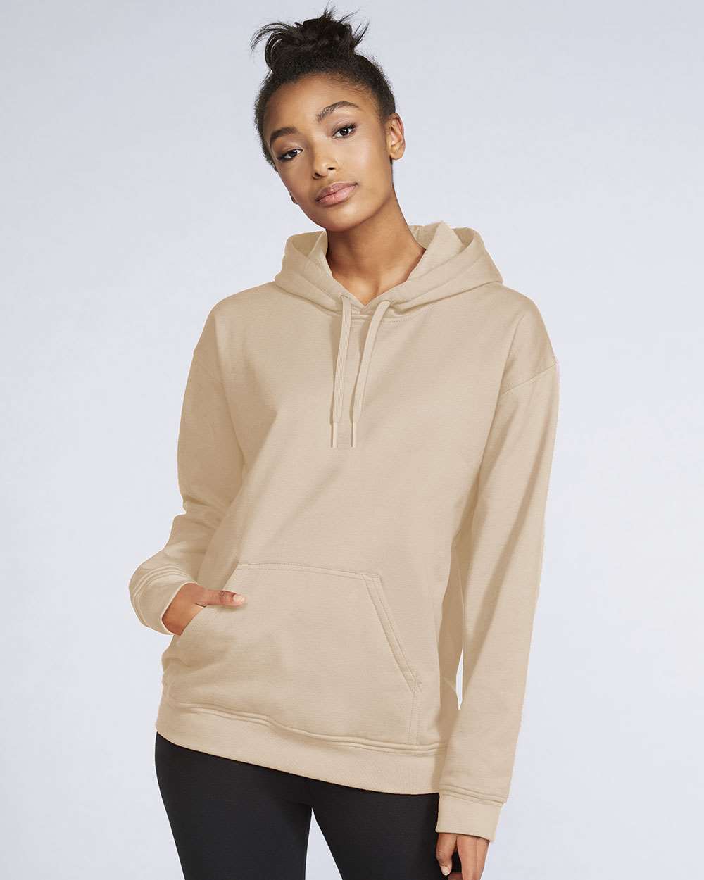 Unisex Softstyle® Midweight Hooded Sweatshirt - OnModelFront - B24160243 - Sand