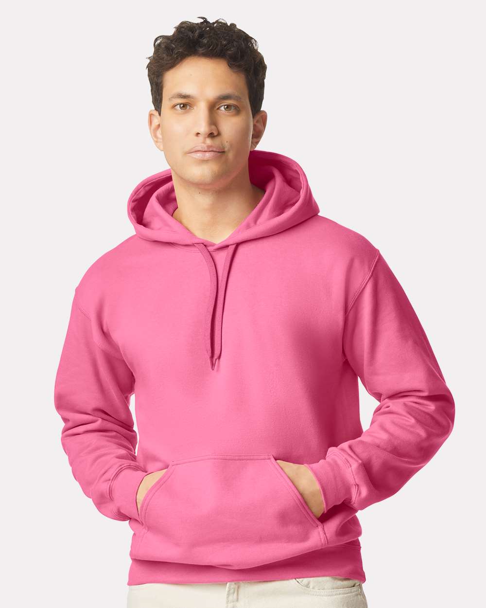 Unisex Softstyle® Midweight Hooded Sweatshirt - OnModelFront - B24160313 - Pink Lemonade